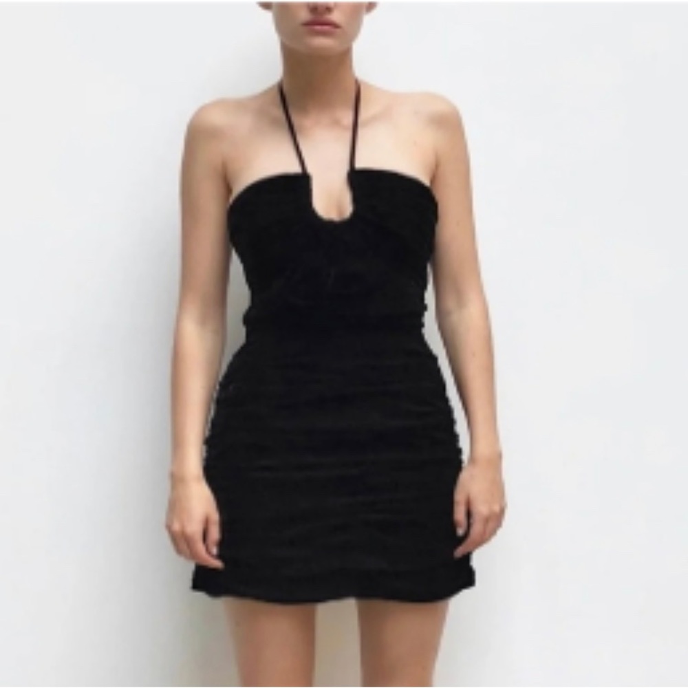 NWT ZARA Ruched Haltered Mini Dress, Size: L, Color: Black - Picture 2 of 7